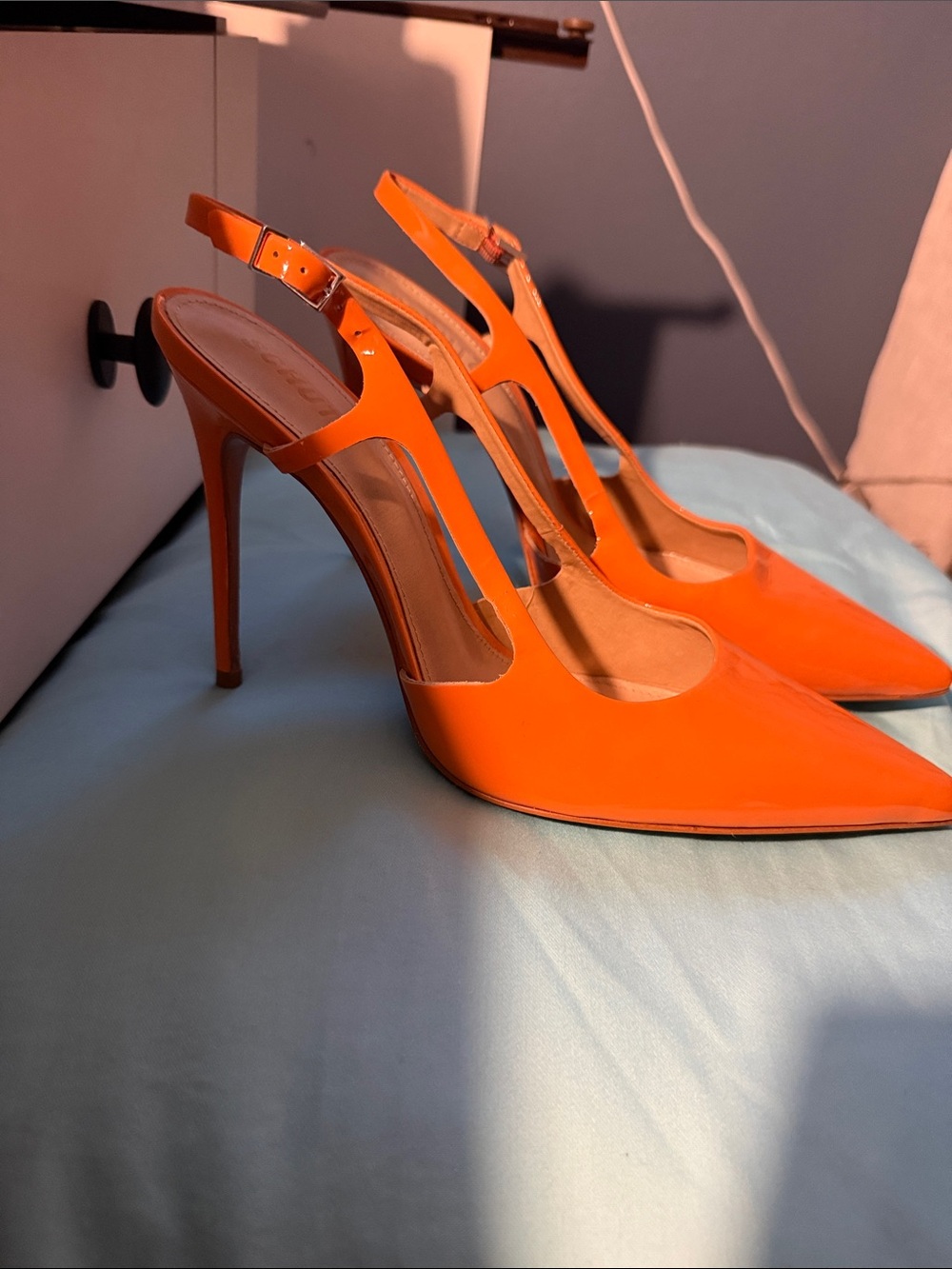 Schutz Orange Patent Pointed-Toe Slingback Stiletto Heels